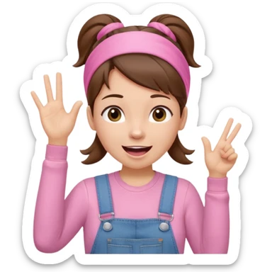 preschool teacher with brown hair pulled up in high ponytail and light pink headband. Has a pink t-shirt with denim overalls. Expression is happy and friendly with mouth wide open. Has one hand up waving hello. sticker
