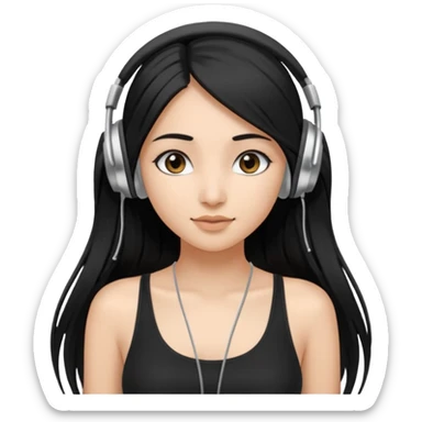 a fair indian girl with straight black long hair, wearing a black cami top. and wearing silver  headphones on sticker