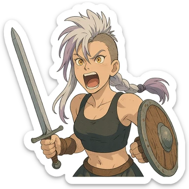 A sword maiden, mohawk, long braid white hair with lavender and tips long messy bangs one side, gold yellow eyes, black crop top, brandishing an arming sword and a shield, roaring! rah! sticker