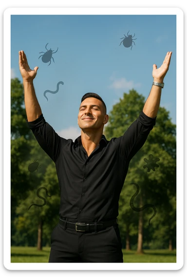 a man stands outdoors in bright sunlight, arms raised in relief and joy, while faint, shadowy silhouettes of parasites fall away from his body and dissolve into the air. His posture is upright and energetic, his expression serene and healthy. The background features green trees and a clear sky, emphasizing liberation and restored well-being. sticker