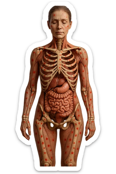 corpo umano anatomico di una donna affetta da fibromialgia, intestino anatomico realistico e red spot sparsi sulle sue ossa, iperrealistica 4k sticker