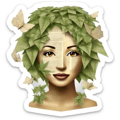  Photograph of Hemp 420 lady face made of 420 origami newspaper roses hemp leaves lantern fairy lights burning paper and hemp leaves in hair  sticker