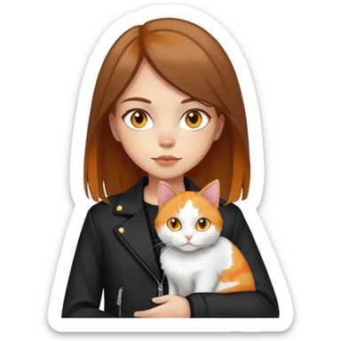 Light-skinned girl with brown straight hair wearing a black jacket, holding one pure white cat with yellow eyes and one calico cat with orange and black patches sticker