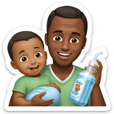 Sean “Diddy” Combs with baby oil and a very small infant and he’s pouring the baby oil on the infant that is laughing with a very exaggerated expression sticker