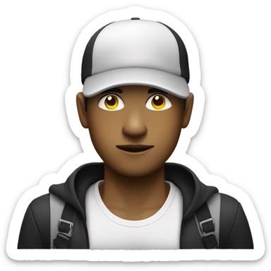 Robber hanging a bag with his left hand and wearing black and white cap and shirt and his body colour is yellow and his eyes are black sticker