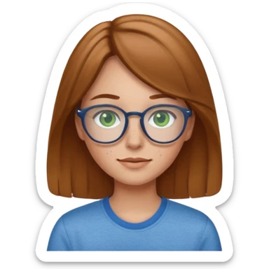 Create an emoji of a girl with light brown hair medium length hair, green eyes, freckles, glasses and wearing a blue shirt sticker