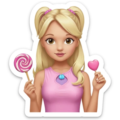 Emma Bunton with long blonde ponytails wearing light pink bodycon dress holding a lollipop sticker