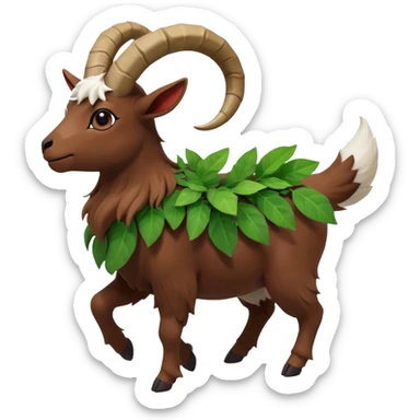 A kid riding on gogoat the quadrupedal, goat-like Pokémon with a brown, furry body and a leafy, green mane that extends down its back. It has large, black, curved horns, white fur on its face, a black nose, and red eyes. Its legs are shorter and lighter in color around the feet, back sticker