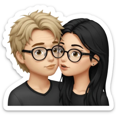  garçon avec les cheveux brun très clair ébouriffés, qui embrasse une fille avec les cheveux noir long qui a des traits d’eye-liner, des lunettes noir et un piercing au nez sticker