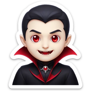 Cinematic Cute Vampire Portrait Emoji, with a refined yet playful small, rounded pale face accented by tiny, cute fangs and bright, twinkling eyes, sporting miniature elegant dark attire with a hint of crimson, simplified yet irresistibly charming, highly detailed with a soft glowing outline that captures the delightful duality of spooky sweetness and stylish allure! sticker