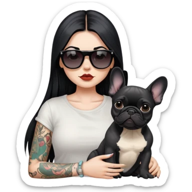 girl with long black  straight hair and tattoos and Wearing sunglasses and a black French bulldog sticker