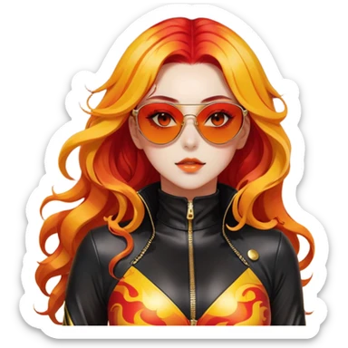 Beautiful gorgeous anime lady with beautiful fiery long warm-red-orange-yellow-gradient-wavy-special-hair, fashion aesthetic, black sunglasses, accessories, gold jewelries, red-and-yellow sunny-pattern-eyes, black latex-suit, biker-woman, cool, badass sticker