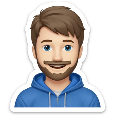 25 year old man, short scruffy beard and thin moustache, brown puffy mullet, blue eyes, big smile, white teeth, big lips, pronounced jaw, hair longer in back, sticking up on top, thin face, grey hooded sweatshirt, pale skin, big smile, blue eyes sticker