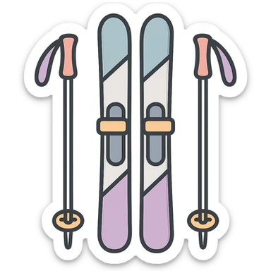 cross-country skis standing upright with poles on the sides with visible hand straps, detailed shading, thin clean outlines, soft rounded features, pastel palette #98B5BC #B5B3C1 #C9A3C9 #E4C0CA #F7DCD1 #F7C0AA, Japanese pop art, sticker look, highly detailed, vector clarity, soft lighting, subtle shadows, transparent background sticker