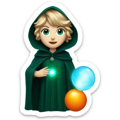 Taylor swift with blue eyes in dark green cloak holding an orange glowing orb sticker