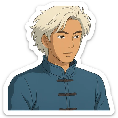 white haired handsome Chinese man in ghibli style, detailed and expressive sticker