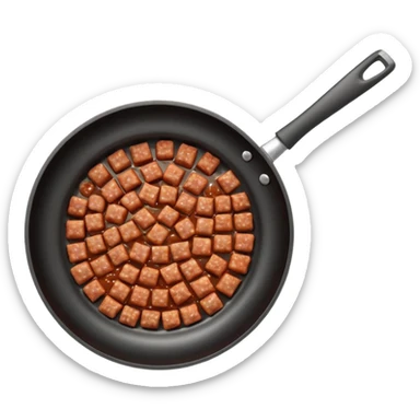 A 3D cartoon frying pan with minced meat being cooked, top view, realistic texture, Memoji-style. sticker