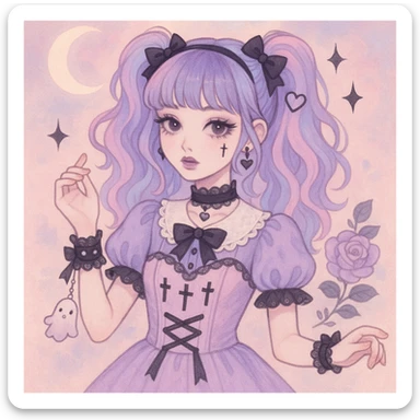 gothic K-pop girl, dreamy pastel goth style, soft colors with gothic details, whimsical pose, cute accessories sticker