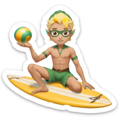elf male legolas sitting on surfboard (ashore), hands manipulating two orbs of swirling seawater giving a "massage" to his own shoulders, wearing relaxed linen shorts over swimwear, tinted elven sunglasses, pointy ears, content expression, centered emoji sticker