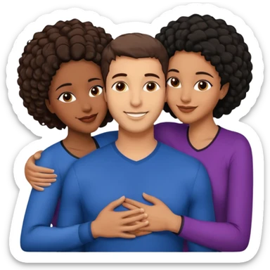  middle Eastern man with short brown hairwith two black african women both are African one is medium tone skin black and one is medium tone black with african hair styles. and they are all smiling and putting their arms around each other and kissing and hugging. sticker