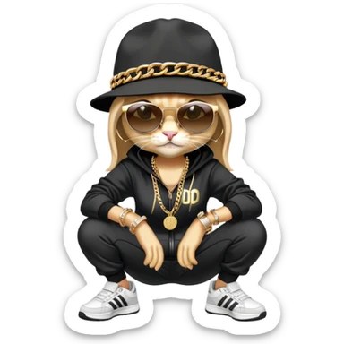 female cat wearing Run DMC hip-hop outfit with tracksuit, fedora, Adidas sneakers, dark sunglasses, many gold chains, rings, bracelets, flashy earrings, fallen down sticker