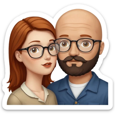 Couple. Bald man with dark brown-black beard. White woman with many small, faded freckles, she has white skin and she has auburn-brown-cinnamon, dark long hair. She has light brown eyes. The man have hazel eyes and glass. She have light eyes. Retro style. She kisses him. sticker