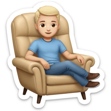 Emoji-style person relaxing on leaning chair, happy and content, rounded features, soft shading, sticker