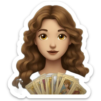 A wavy brown haired girl with a deck of tarot cards with golden star sticker