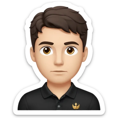 He’s a man with light to medium skin, a defined oval face, full brows, deep-set eyes, and wavy short dark brown tall hair styled with height, sides are trimmed. muscular. expression calm and focused relaxed black polo shirt. polished, articulate, and coach vibe. personal development.  sticker