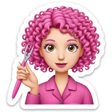 Create an emoji with pink curly hair holding lash tweezers with its hands  sticker