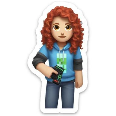 a white girl with long red curly hair, wearing periwinkle Minecraft hoodie holding a controller sticker