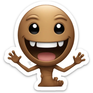 a smiling emoji, with shaking hand, in brown color, interpreting an alien creature sticker