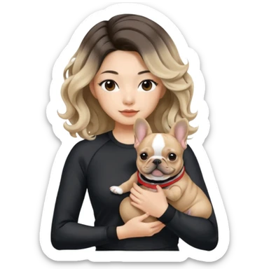 An Asian Lady With Long, Loose Curls, Ash Blonde Balayage Hair, In A Black Gym Outfit, Holding A French Bulldog sticker