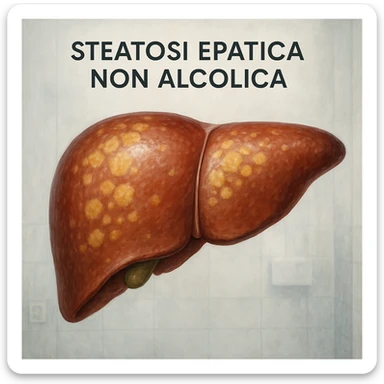 realistic illustration of an enlarged human liver with yellowish areas symbolizing fat accumulation, clinical background, Italian text 'Steatosi epatica non alcolica', 4K quality sticker