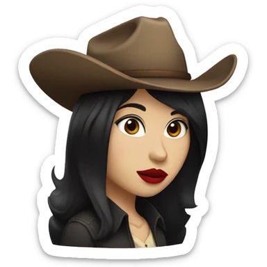 straight black hair,red lipstick,hazel eyes, white skin, a small nose and a cowboy hat  sticker