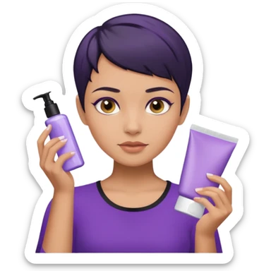 tan girl purple shirt with black hair & a pixie, doing her skin care sticker