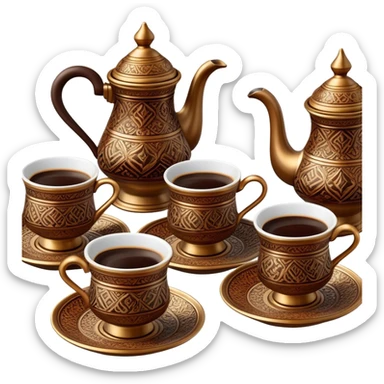 Turkish Coffee Set – Cinematic Realistic Turkish Coffee Set, depicted as an elegantly arranged ensemble of ornate coffee cups and a traditional cezve pot, adorned with intricate patterns and rich, warm colors, rendered with detailed textures and soft ambient lighting that captures its cultural heritage. sticker