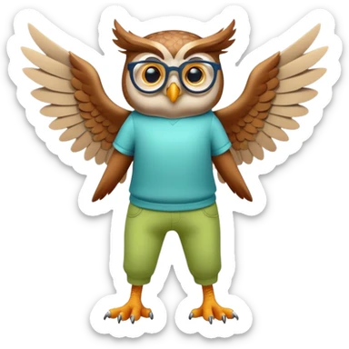 friendly anthropomorphised owl with wings instead of arms, colourful pants and shirt, wearing glasses, walking upright, unique pose 2 sticker