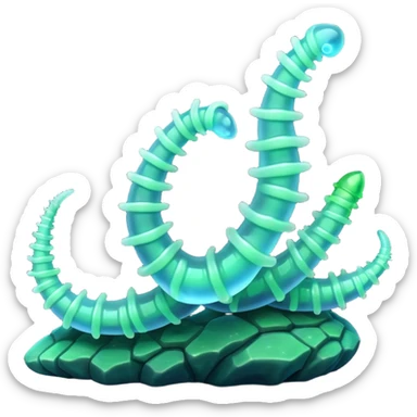 3D render of Crystal Cave Worms, bioluminescent deep sea style, glowing neon blue and green lights, dark background to contrast the glow, translucent organic textures. sticker