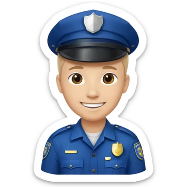 This is a cartoon-style avatar of a police officer with light skin, wearing a dark blue cap featuring a silver badge, and showing a smile expression. sticker