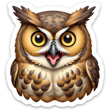 Cinematic Cute Yawning Great Horned Owl Portrait Emoji, Head tilted slightly with a dramatic, wide-open yawn, showcasing a soft, downy mottled plumage with gently drooping feathers, round golden eyes barely open in drowsy contentment, Simplified yet irresistibly adorable features, highly detailed, glowing with a soft, cozy glow, high shine, relaxed yet expressive, stylized with a touch of nocturnal whimsy, bright and endearing, soft glowing outline, capturing the essence of a sleepy yet affectionate owl, so drowsy it feels like it could glide out of the screen and curl up for a nap! sticker