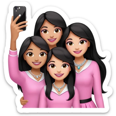 3 besties with professional glammed up looks wearing pink and white, medium skin tone smiling big with black long hair. Very girly wearing jewelry, taking a selfie  sticker