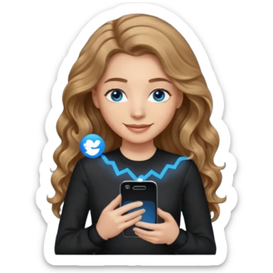 generate a pretty woman with blue eyes, light skin and medium brown long and really wavy shiny hair holding a phone she is looking at the phone while looking down at the screen. she is wearing an ALL black long sleeve. she is smiling sticker