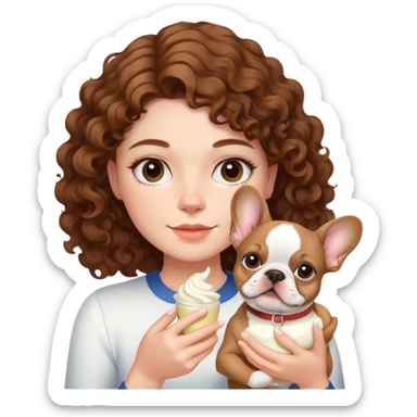  girl with brown curly hair holding cream colored french bulldog  sticker