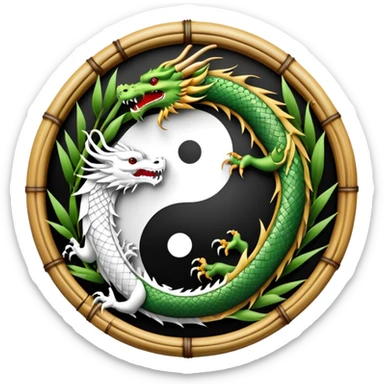 An icon symbolizing Eastern martial arts in the style of an emblem, with a black-and-white Yin-Yang symbol at the center. A dragon is placed on either side, representing strength and wisdom. The design includes bamboo and traditional elements. Transparent background sticker
