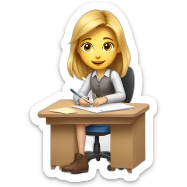 White Smart girl doing Homework on a desk writing on a pice of paper sticker