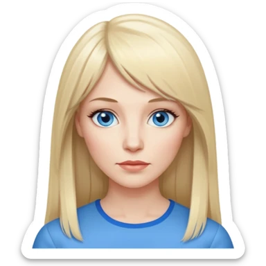 40 yr old white woman, pale skin, long straight blond hair parted in center, blue eyes, bangs sticker