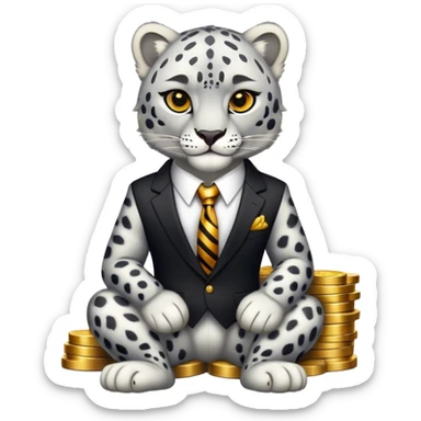 muscular snow leopard in suit sitting on pile of gold sticker