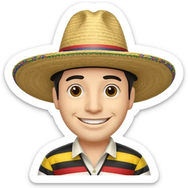 A happy fair skinned Colombian man wearing a Colombian sombrero that has black horizontal stripes sticker