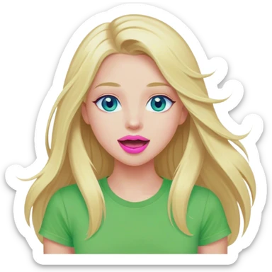 Cinematic realistic blonde with long hair, blue eyes and pink lips, dressed in a green T-shirt, rejoices sticker